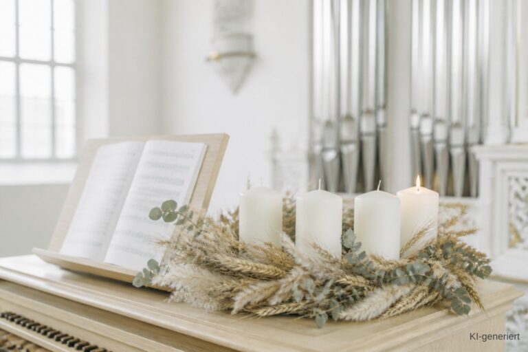 Orgelstücke für Advent und Weihnachten: Adventskranz aus trockenen Gräsern und Ähren mit einer brennenden Kerze auf dem Spieltisch einer hellen Orgel, daneben aufgeschlagene Noten