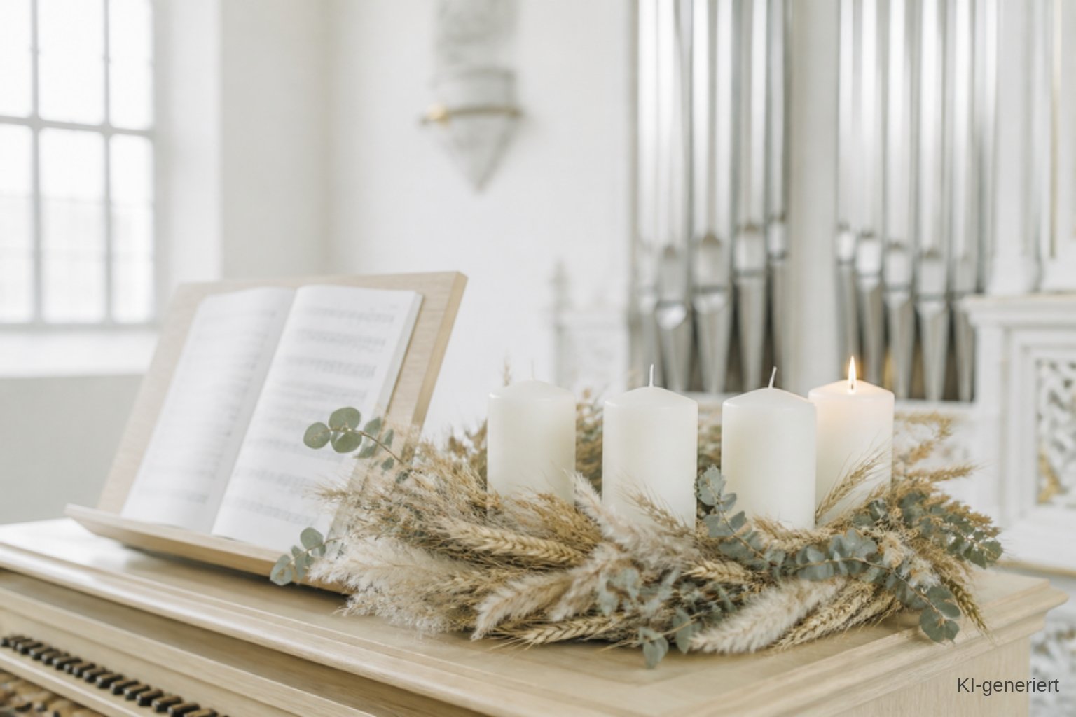 Orgelstücke für Advent und Weihnachten: Adventskranz aus trockenen Gräsern und Ähren mit einer brennenden Kerze auf dem Spieltisch einer hellen Orgel, daneben aufgeschlagene Noten