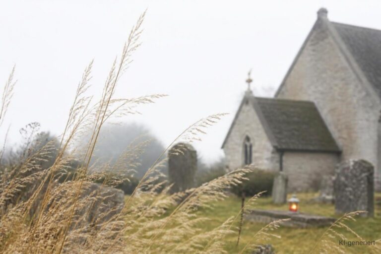 Orgelstücke zum Ewigkeitssonntag: Kirchhof im Novembernebel, vorne trockene Gräser, dahinter eine kleine Kapelle, auf einem Grab brennt ein Licht