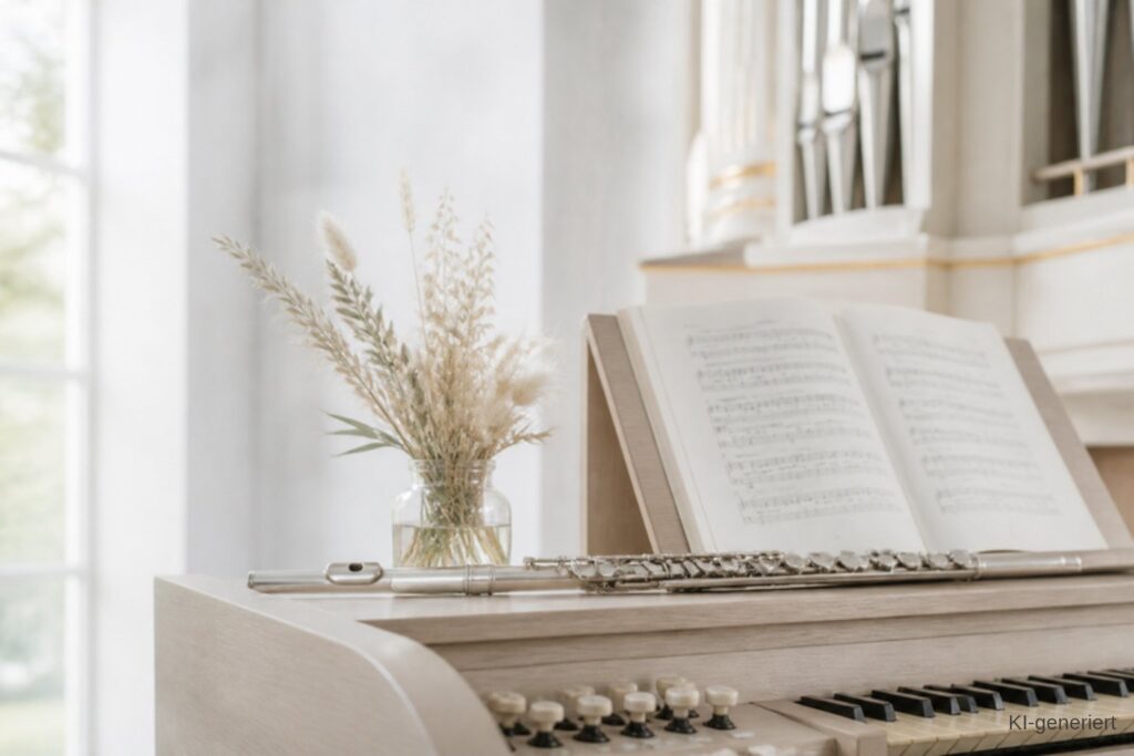 Orgelstücke zum Ewigkeitssonntag: Querflöte auf dem Spieltisch einer hellen Orgel, daneben aufgeschlagene Noten und trockene Gräser in einer Vase