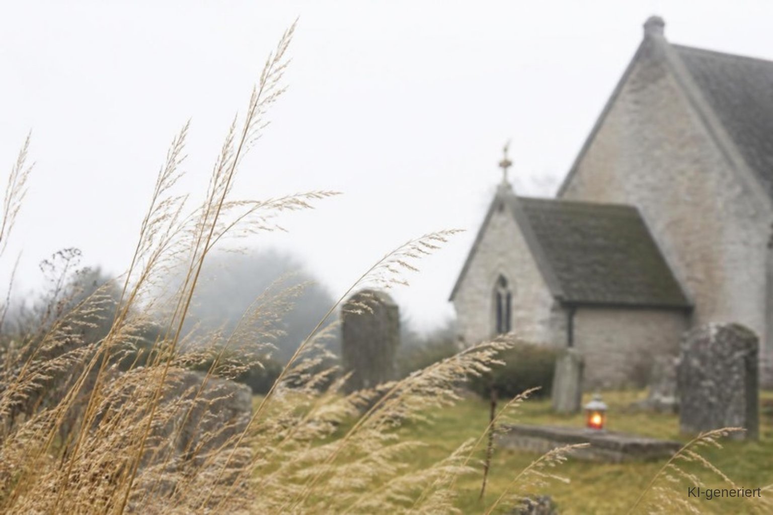 Orgelstücke zum Ewigkeitssonntag: Kirchhof im Novembernebel, vorne trockene Gräser, dahinter eine kleine Kapelle, auf einem Grab brennt ein Licht